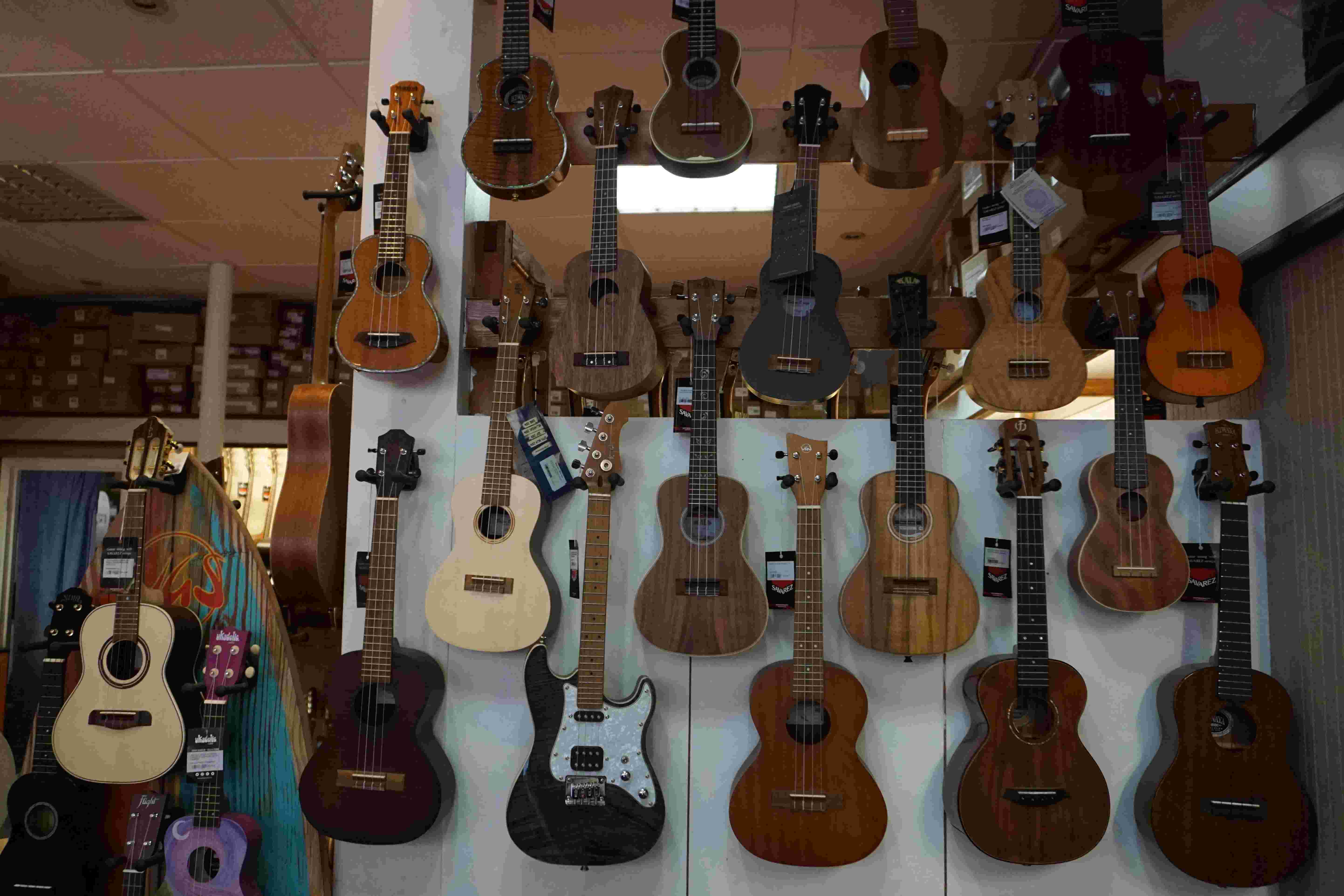 Ukuleles in a guitar shop